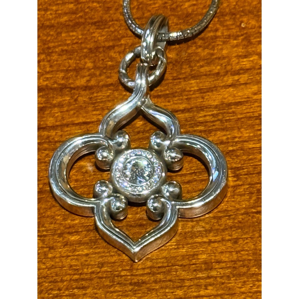 Brighton Toledo Silver Tone Quatrefoil Crystal Pendant Necklace Heart Adjustable
